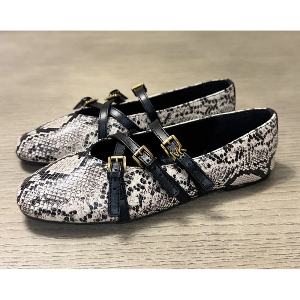 MICHAEL KORS Indy Snake Embossed Leather Ballet Flat In Animal Print. Size 7.5